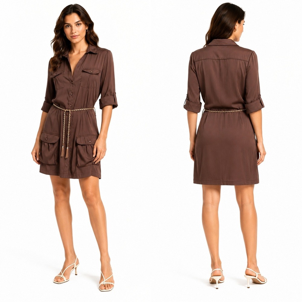 Y2K Antilia Femme Shirt Dress Womens Large Brown Excellent Safari Utility Belted
